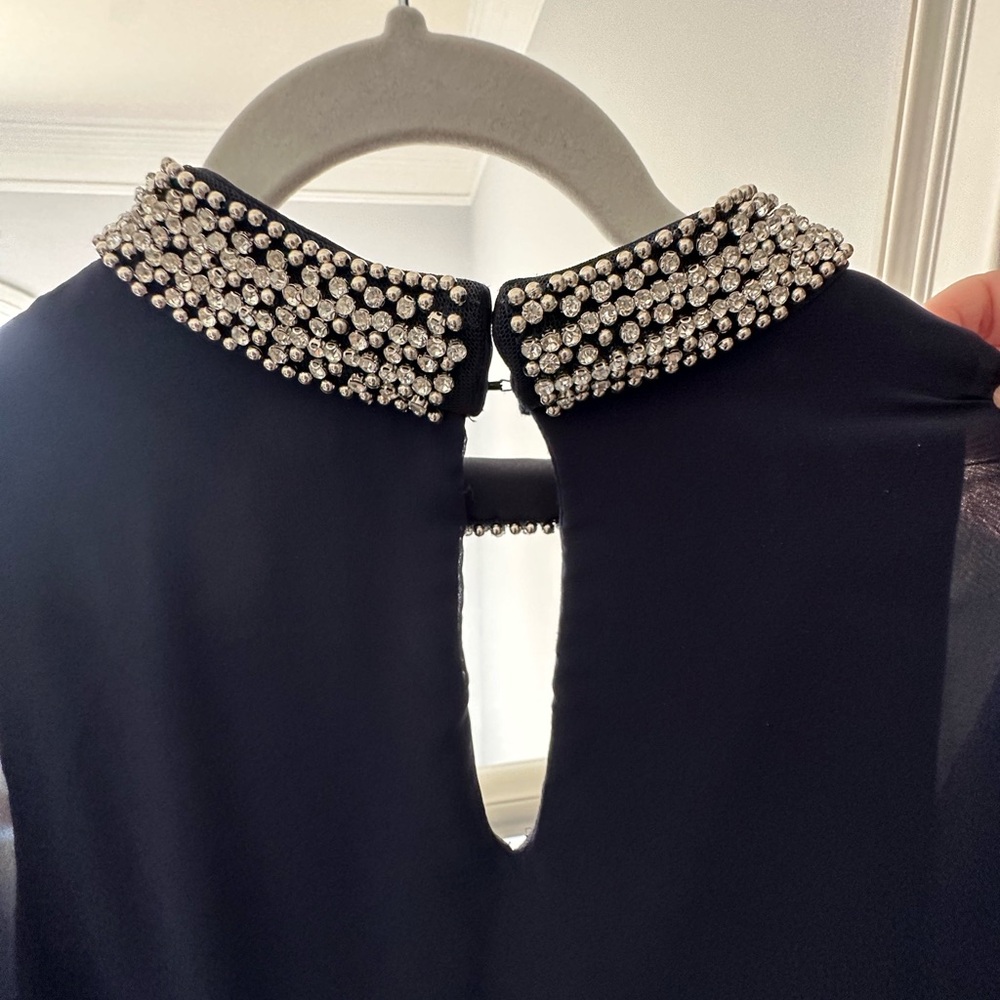 Xscape Women's Short Navy Dress Chiffon Overlay and Bead Choker Neck Size 16 EUC - Picture 8 of 10